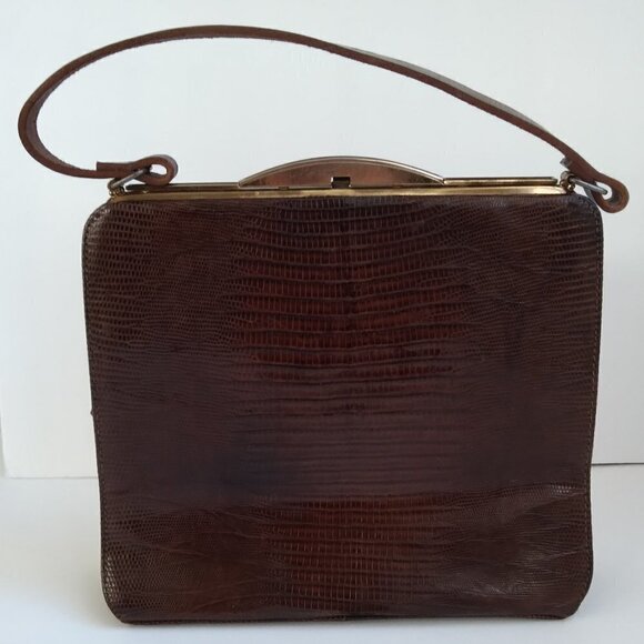 Vintage 1950's/60's Brown Lizard Structured Satchel Handbag - Picture 2 of 12